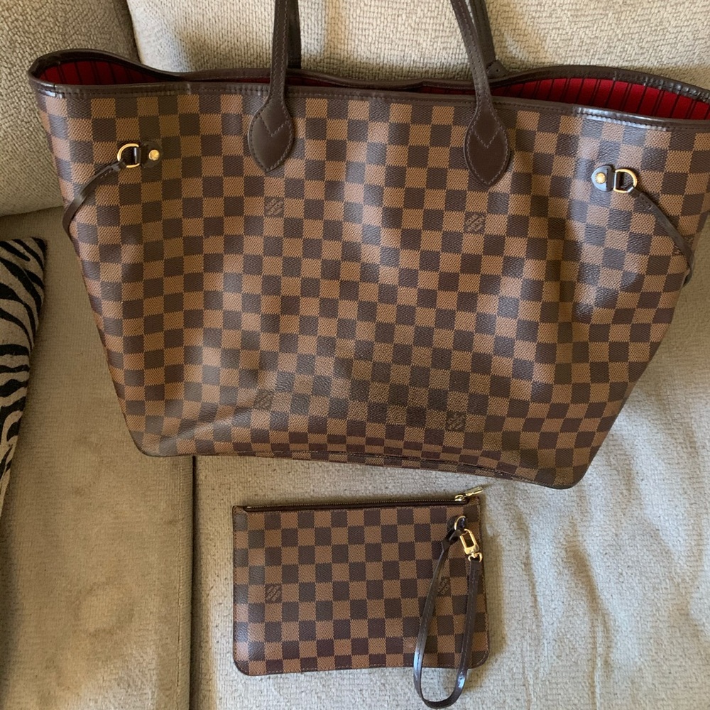 AUTH LV Neverfull GM Damier Ebene (red interior)